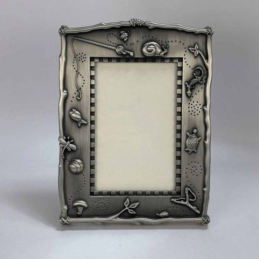 Burnes Of Boston Picture Frame Pewter Boys Outdoor Fishing Snail Lizard
